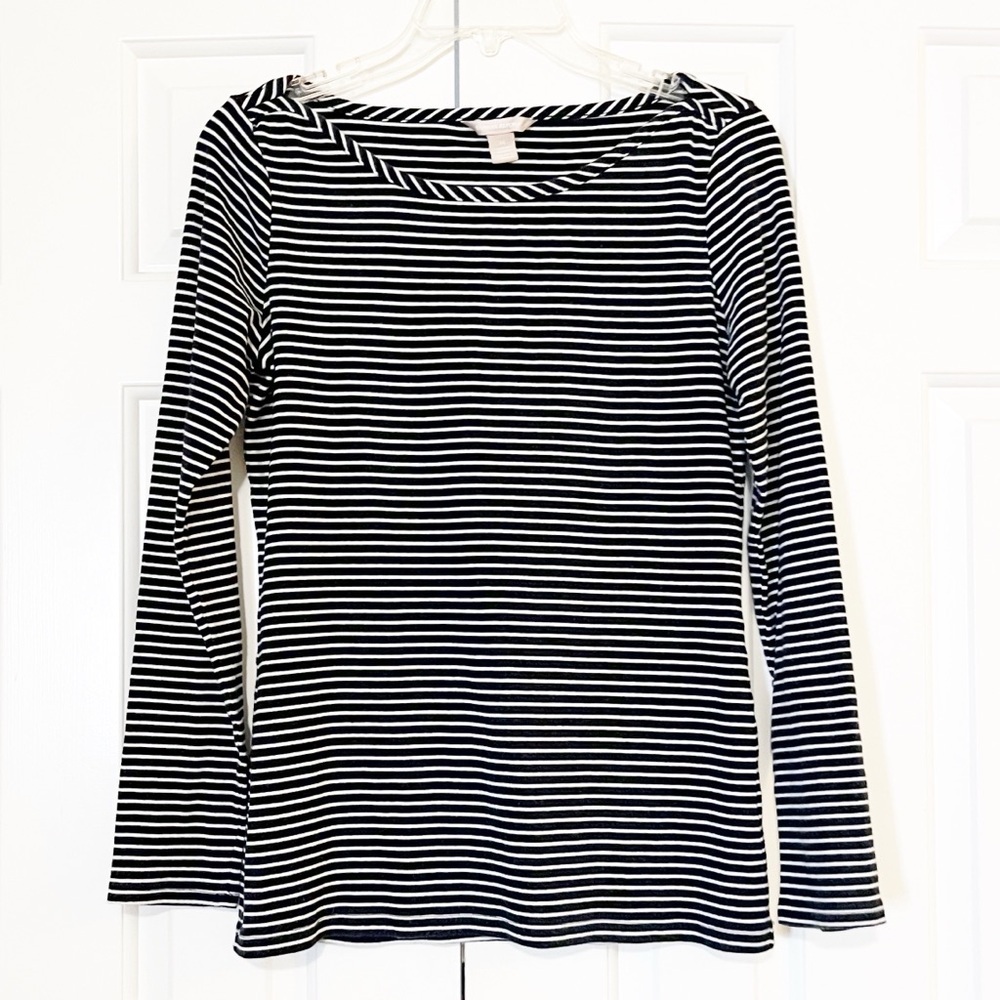 Banana Republic Navy Blue & White Striped Nautical Boat Neck Long Sleeve Top. M